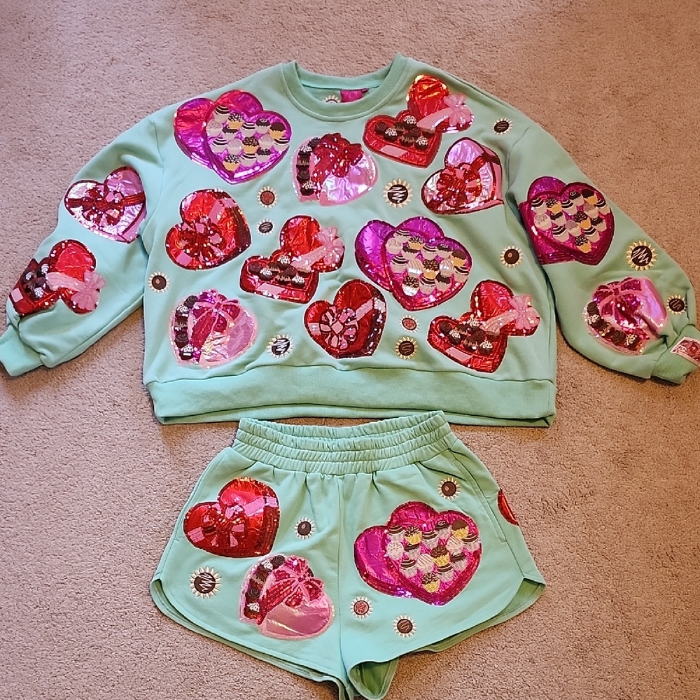 QUEEN OF SPARKLES Sequin Heart Sweatshirt and Shorts Set